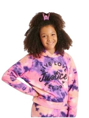Justice Pink & Purple Tie-Dye Hoodie with Glitter Logo – Size XL GUC